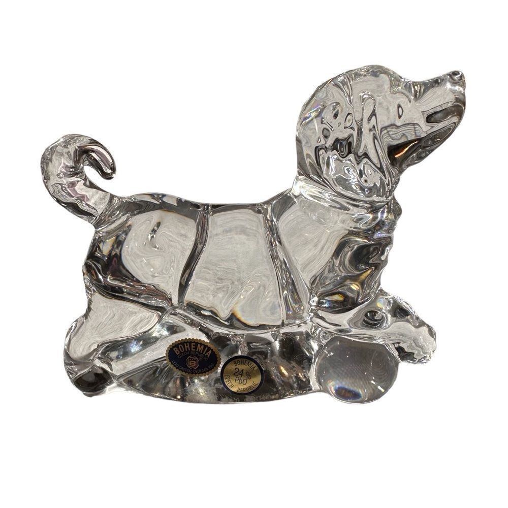 VINTAGE CRYSTAL SPANIEL DOG GLASS CZECH BOHEMIA FIGURINE SIGNED CLEAR STICKERS
